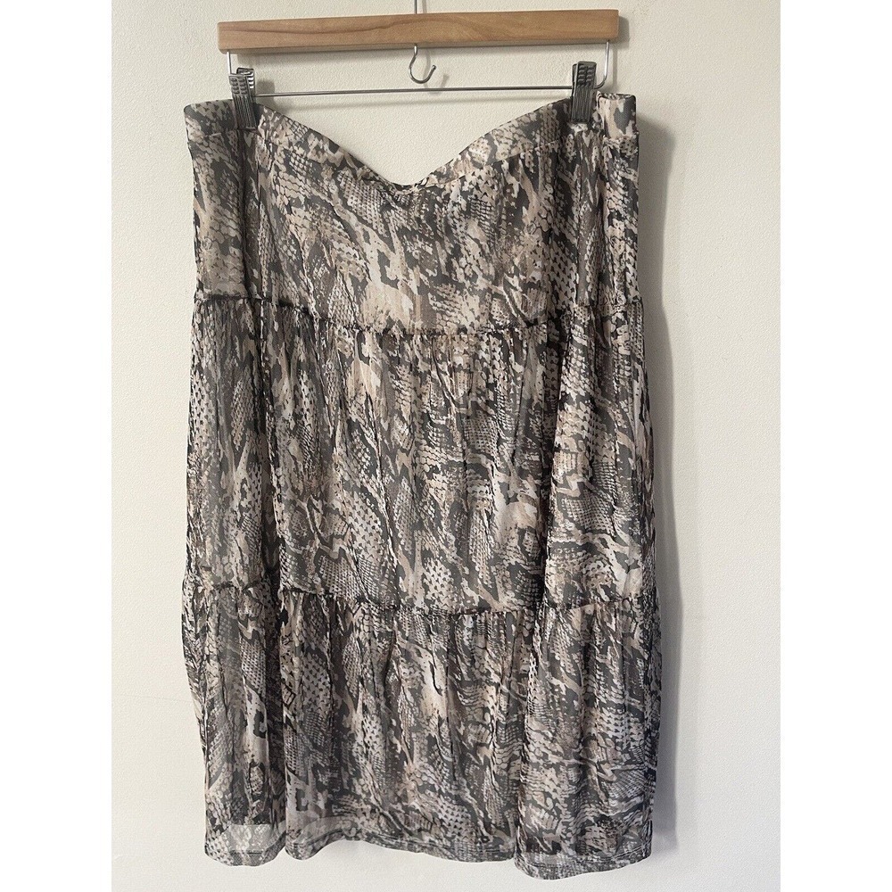 Nina Leonard Skirt 1X Beige Snakeprint Tiered Midi Mesh Elastic Waist Curvy Girl